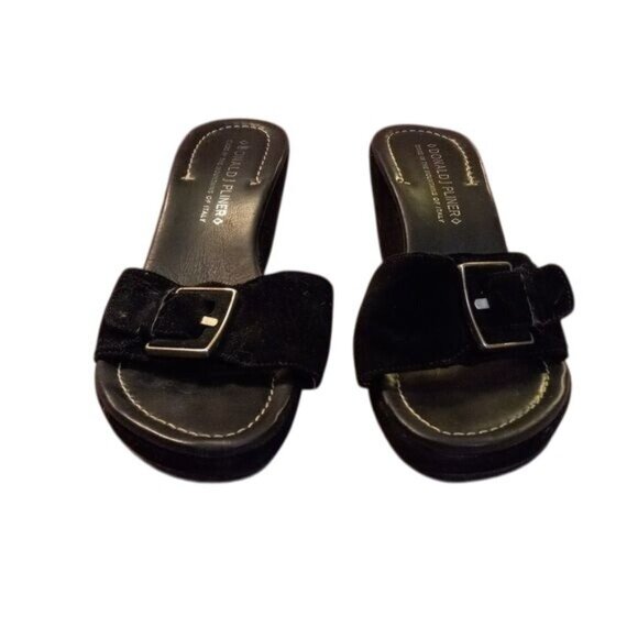 Donald J Pliner 9 M Womens Wedge Sandals Black Leather Suede Slide Buckle Italy - Picture 7 of 11